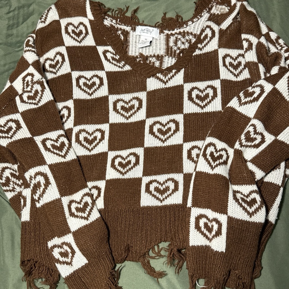 Heart Patterned Brown Sweater with Fringe - Picture 1 of 4